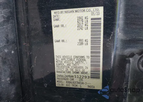 2010 Nissan Altima 2.5 S z USA, uszkodzony, nr VIN 1N4AL2AP6AN512293